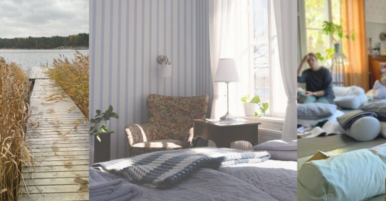 A collage of three images: a lakeside dock amidst reeds, a cozy bedroom with striped wallpaper, and a person relaxing on a bed in a lit room.