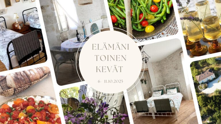 Collage of rustic interiors, food, and a countryside landscape with the text "Elämäni Toinen Kevät 6 - 11.10.2025" in the center.